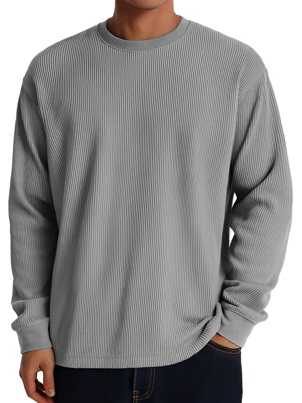 Herren Freizeit Rundhals Ripp Komfortabel Langarm T-Shirt-deurabatt