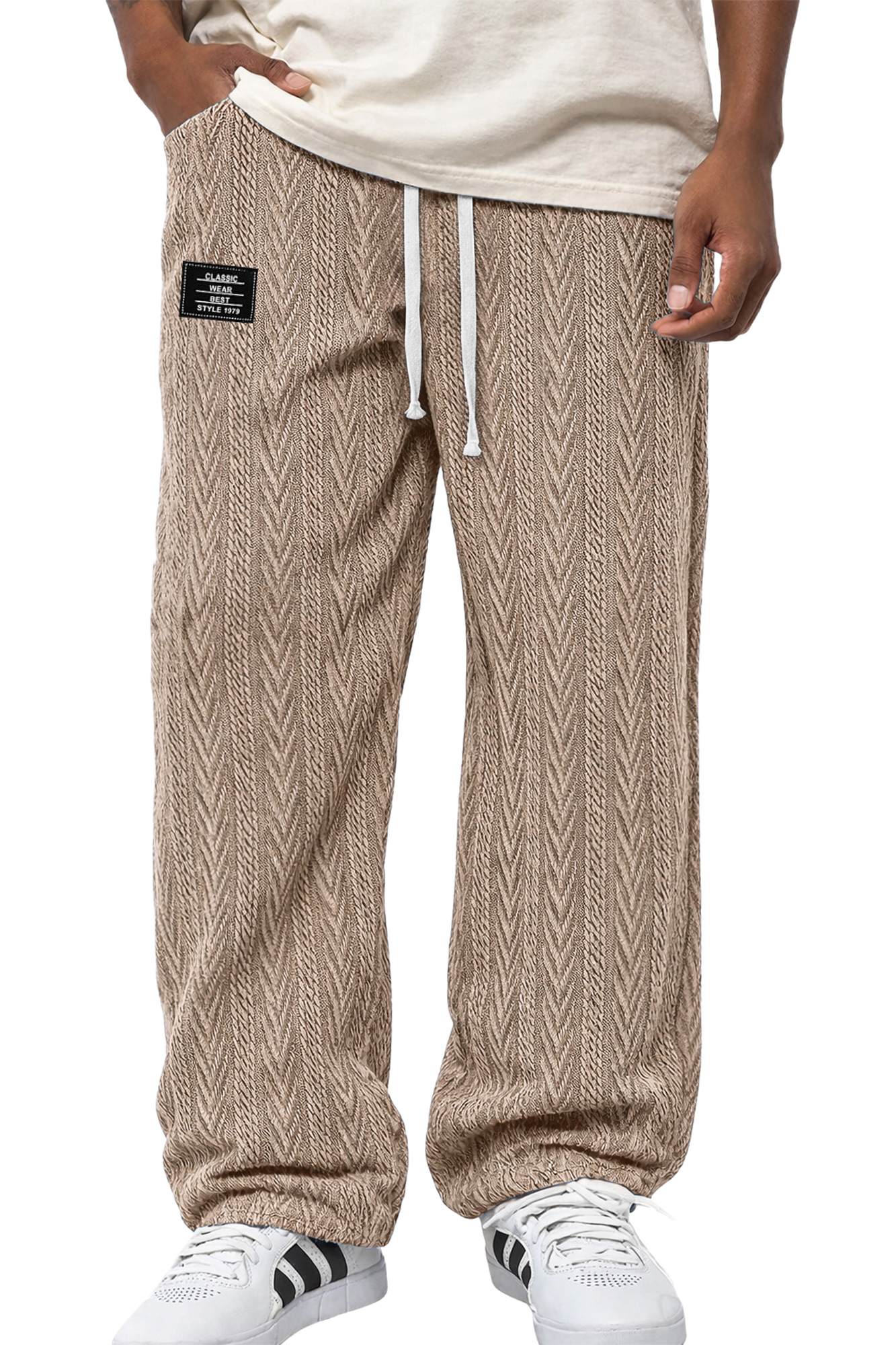 Herren Freizeit Jacquard Strukturierte Bestickte Logo Elastischer Bund Lockere Hose-deurabatt
