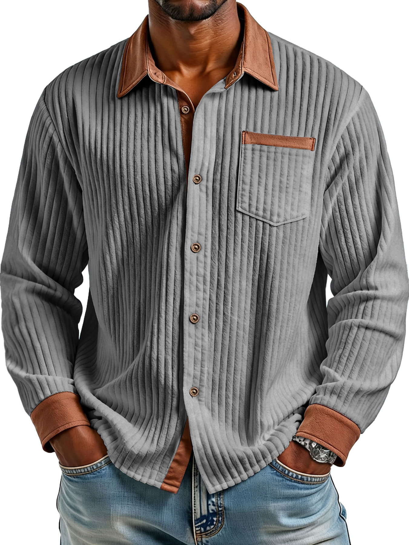 Herren Retro Corduroy Kragen Farbblock Casual Langarmhemd-deurabatt