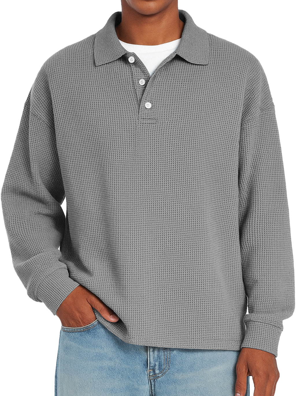 Herren Daily Waffle Freizeit Revers Knopf Locker Langarm Polohemd-deurabatt