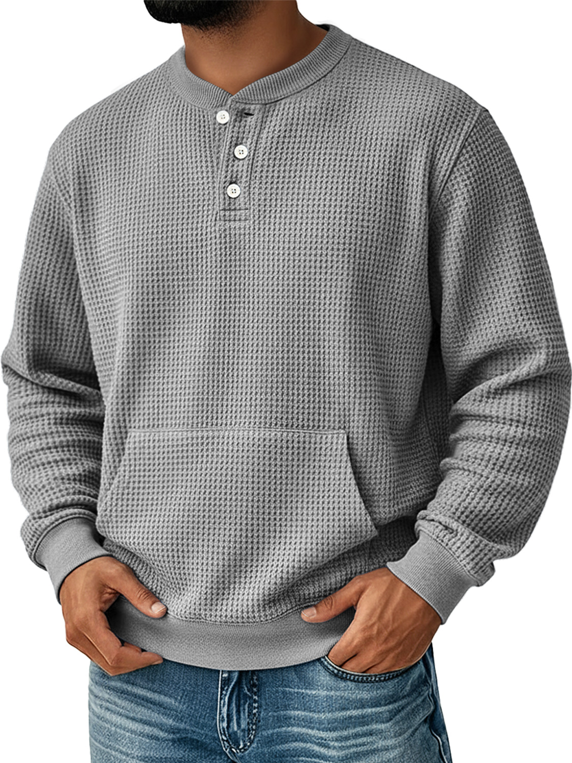 Herren Einfaches Waffel Stehkragen Knopf Freizeit Tasche Sweatshirt-deurabatt