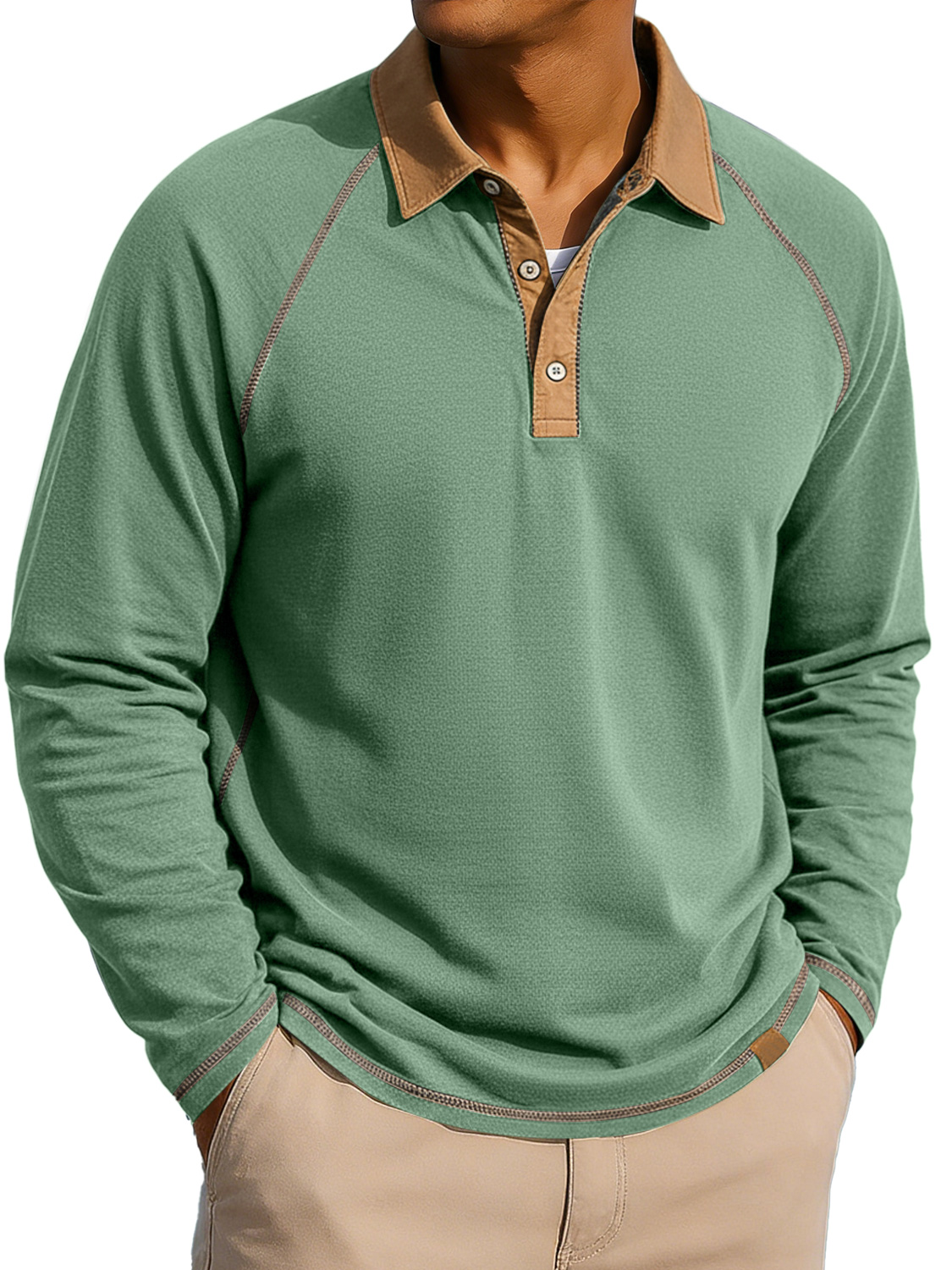 Herren Revers Knopf-auf Farbblock Raglan Ärmel Freizeit Langarm Polohemd-deurabatt
