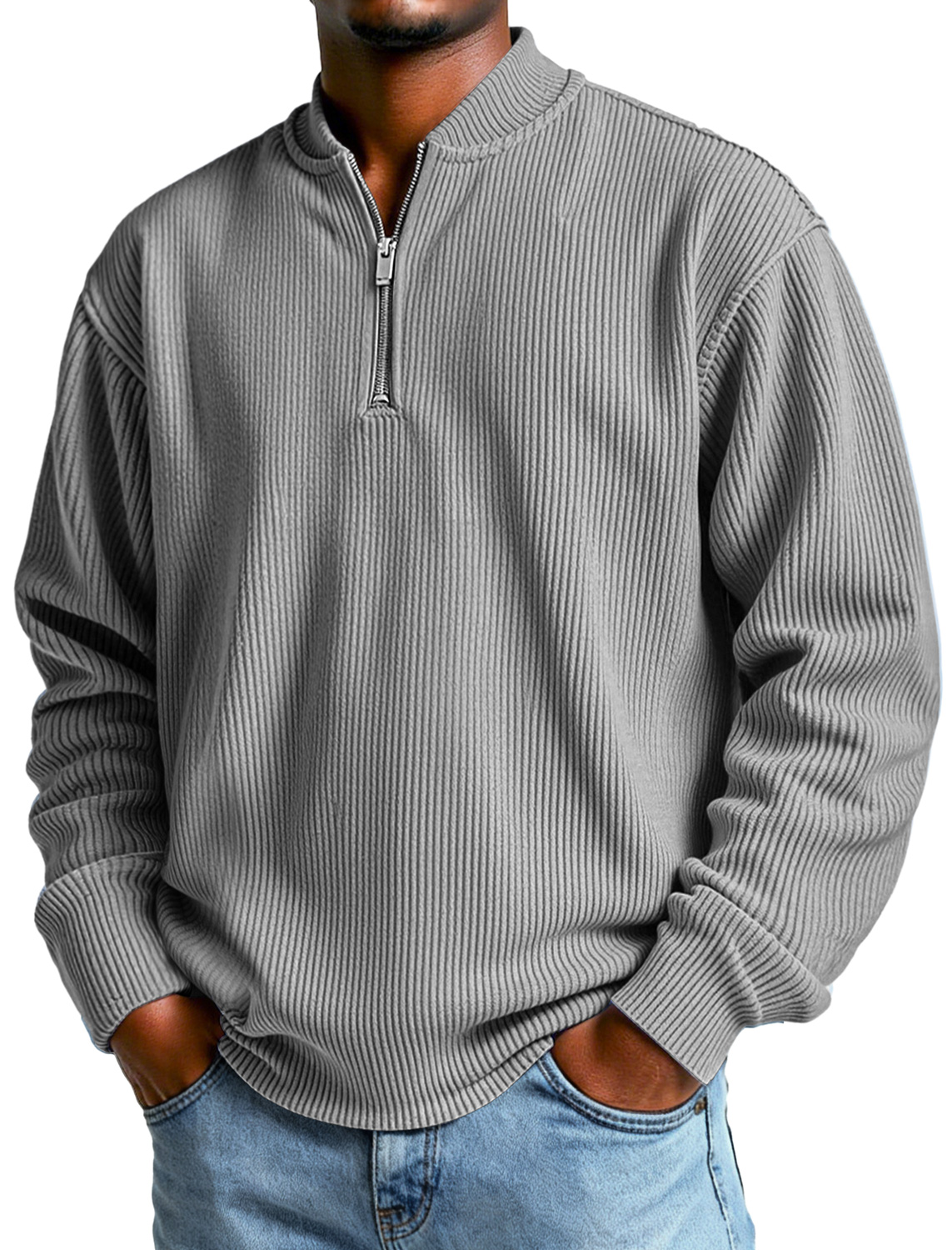 Herren Daily Simple Rippkragen Baseballkragen Reißverschluss Lässiges Langarm-T-Shirt-deurabatt