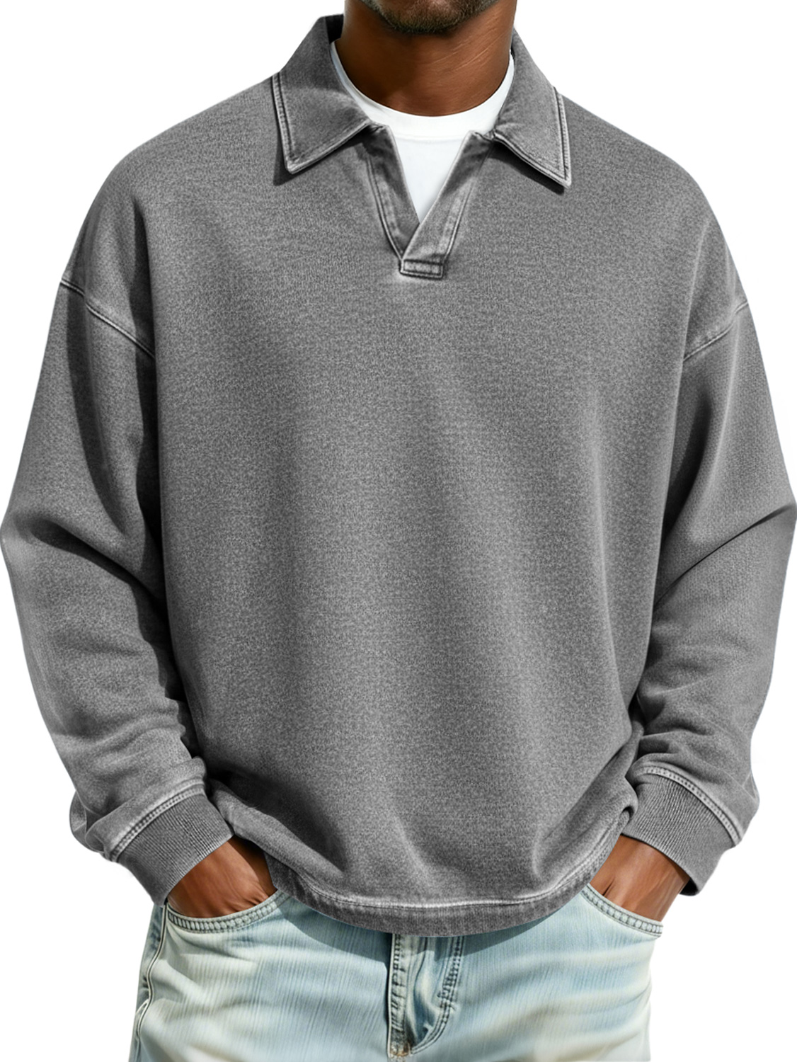 Herren Retro Kragen Freizeit Komfort Langarm Polohemd-deurabatt