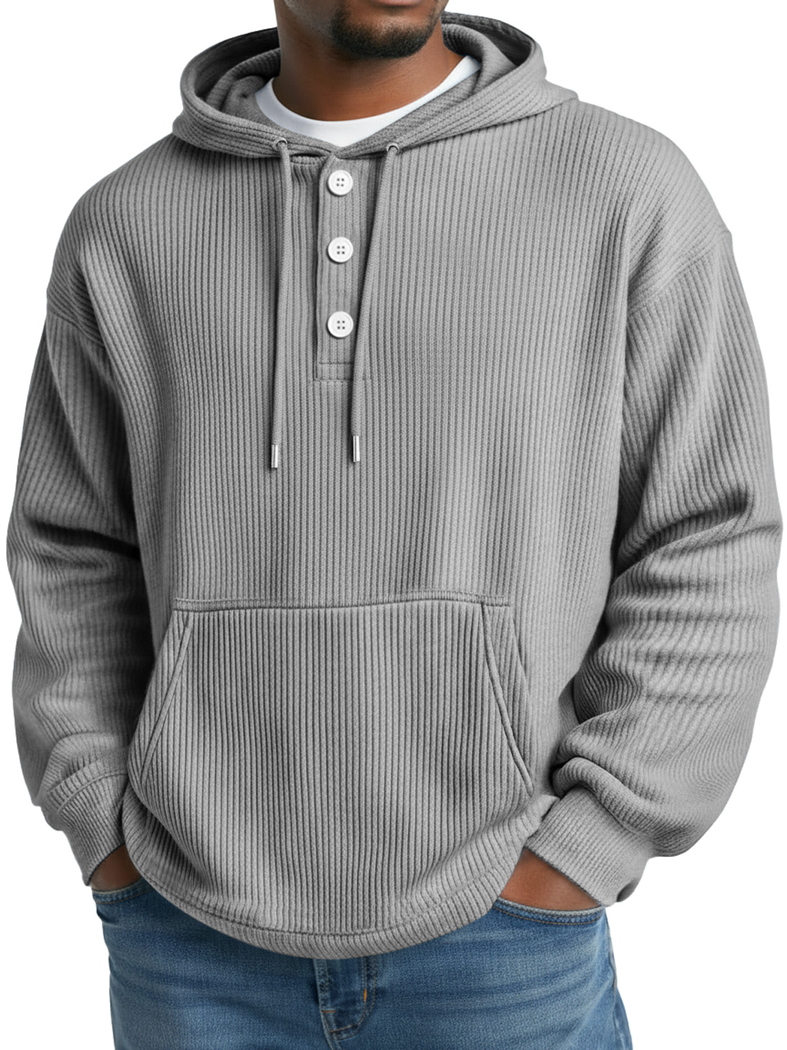 Herren Freizeit gestreifter Knopf einfarbiger Kapuzenpullover-deurabatt