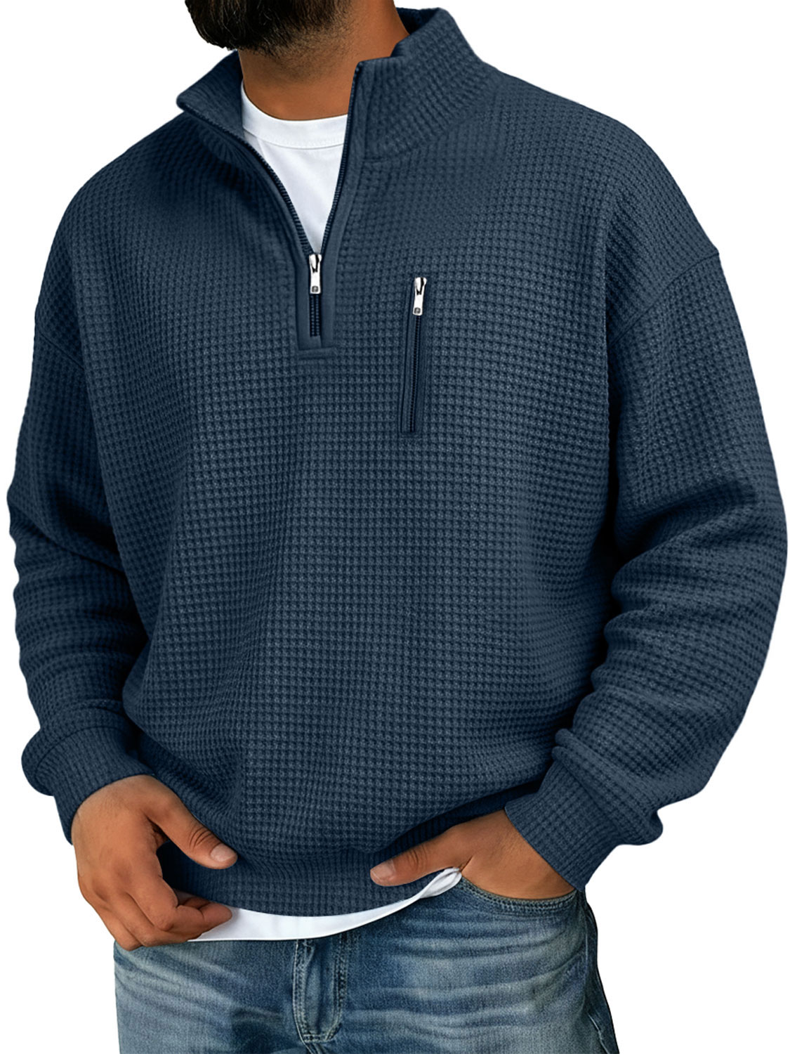 Herren Waffel Stehkragen Reißverschluss Freizeit Einfarbiger Sweatshirt-deurabatt