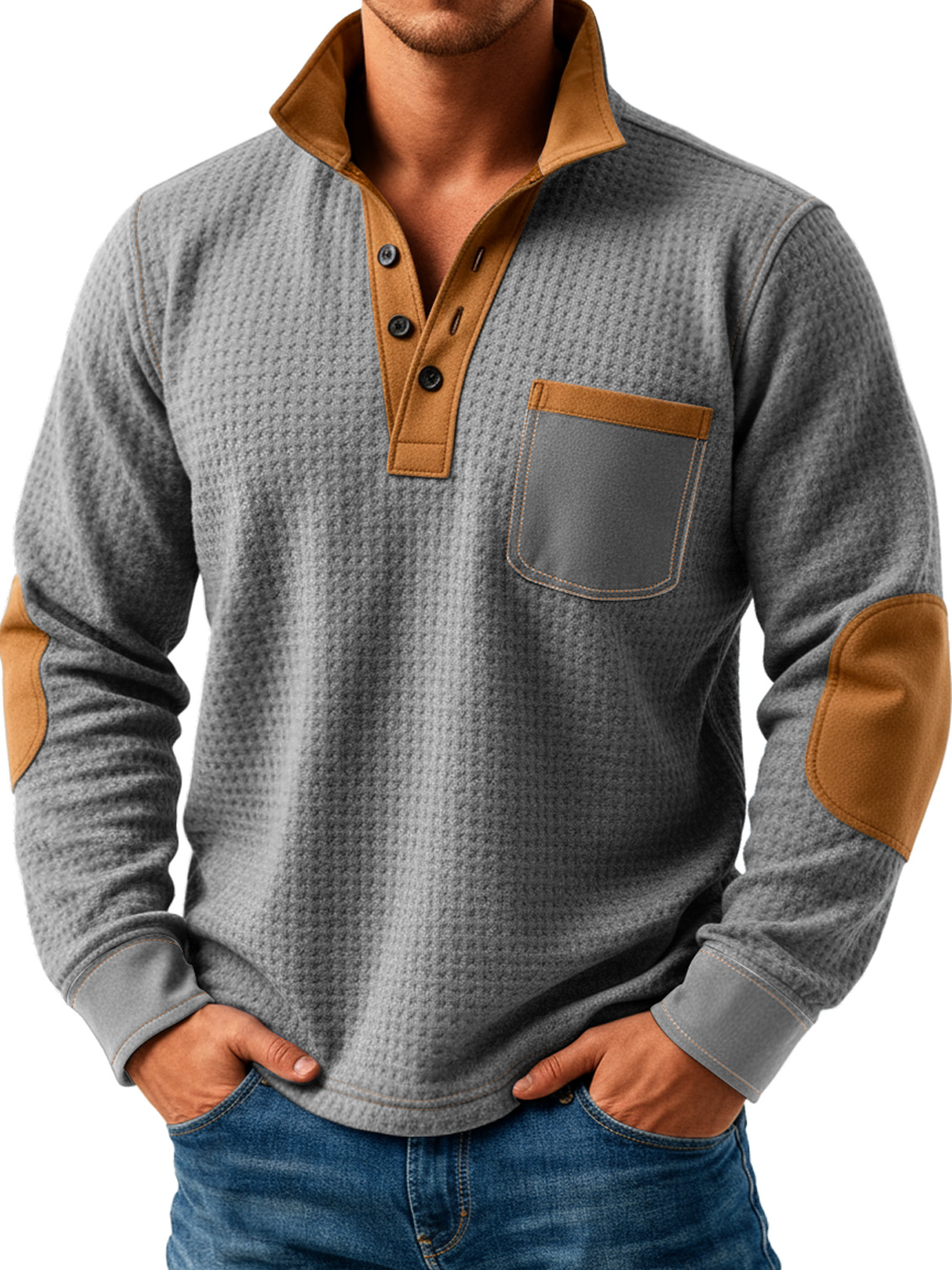 Herren Retro Textur Splicing Stehkragen Knopf Freizeit Langarm POLO Hemd-deurabatt