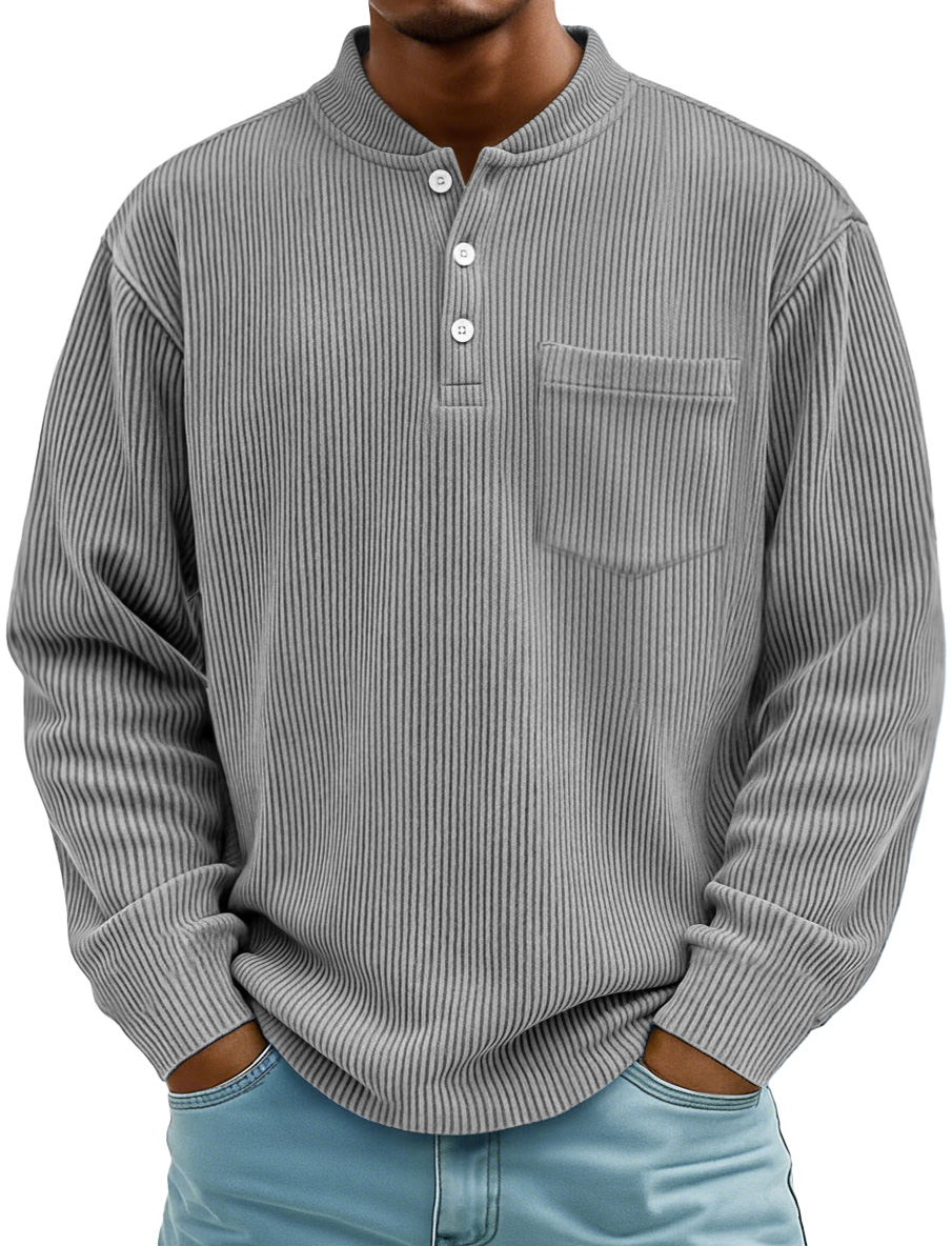 Herrenmode Ridge Stehkragen Knopf Freizeit Taschen Henley Shirt-deurabatt