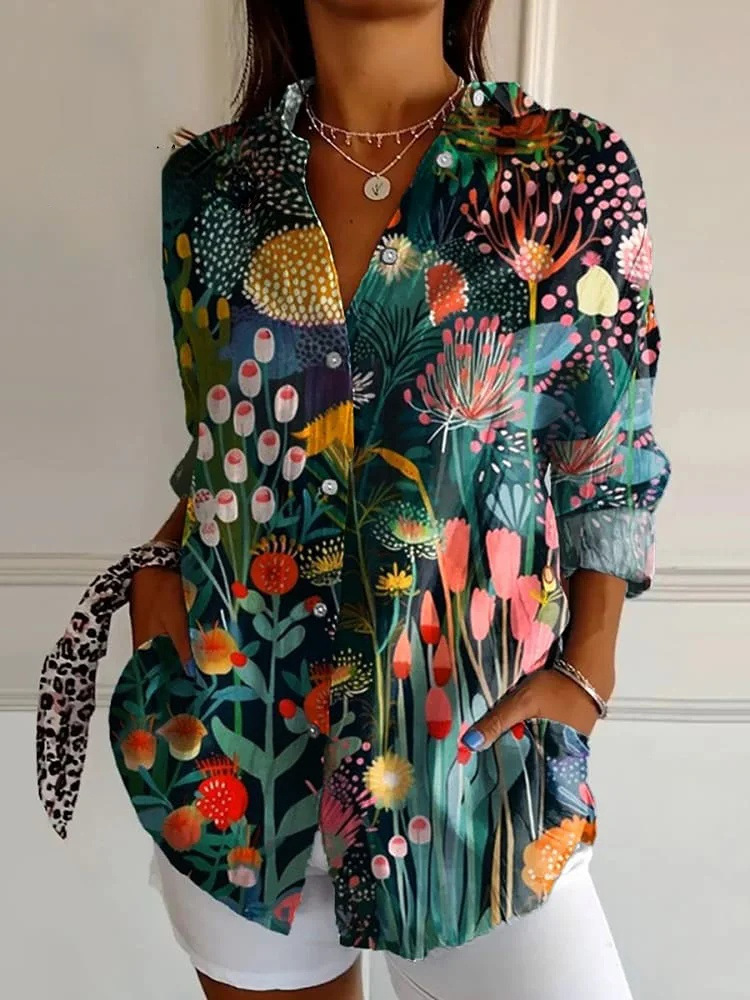 Bluse mit floralem Print und klassischem Hemdkragen aus Baumwolle und Leinen