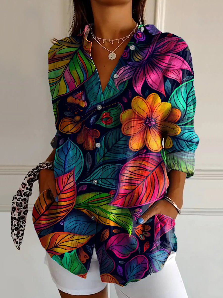 Bluse mit floralem Print und klassischem Hemdkragen aus Baumwolle und Leinen