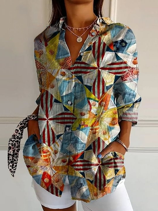 Bluse mit floralem Print und klassischem Hemdkragen aus Baumwolle und Leinen