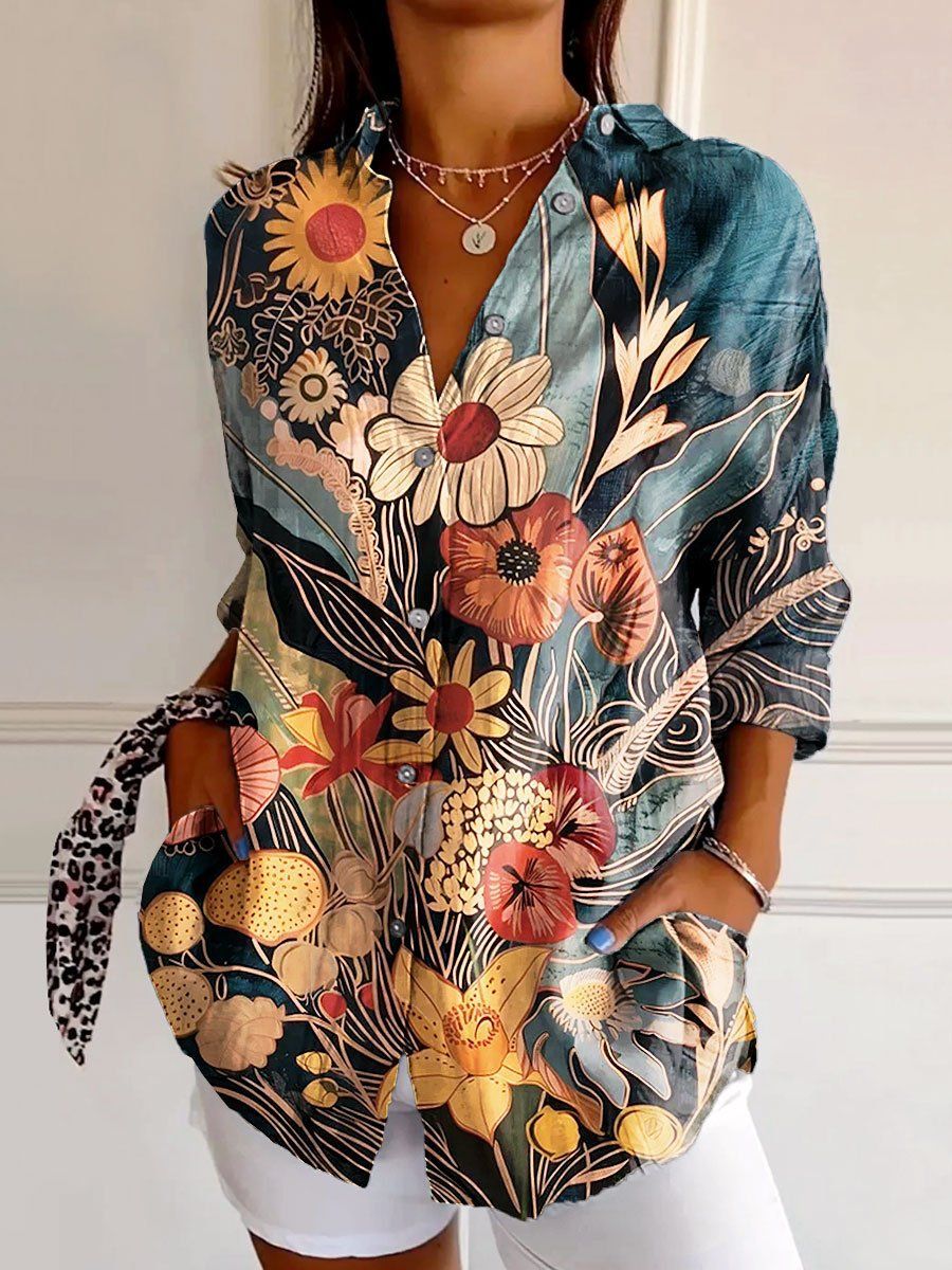 Bluse mit floralem Print und klassischem Hemdkragen aus Baumwolle und Leinen