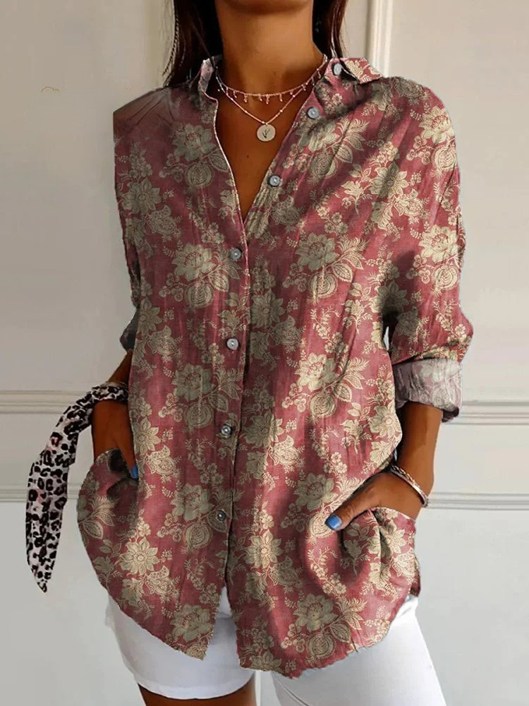 Bluse mit floralem Print und klassischem Hemdkragen aus Baumwolle und Leinen