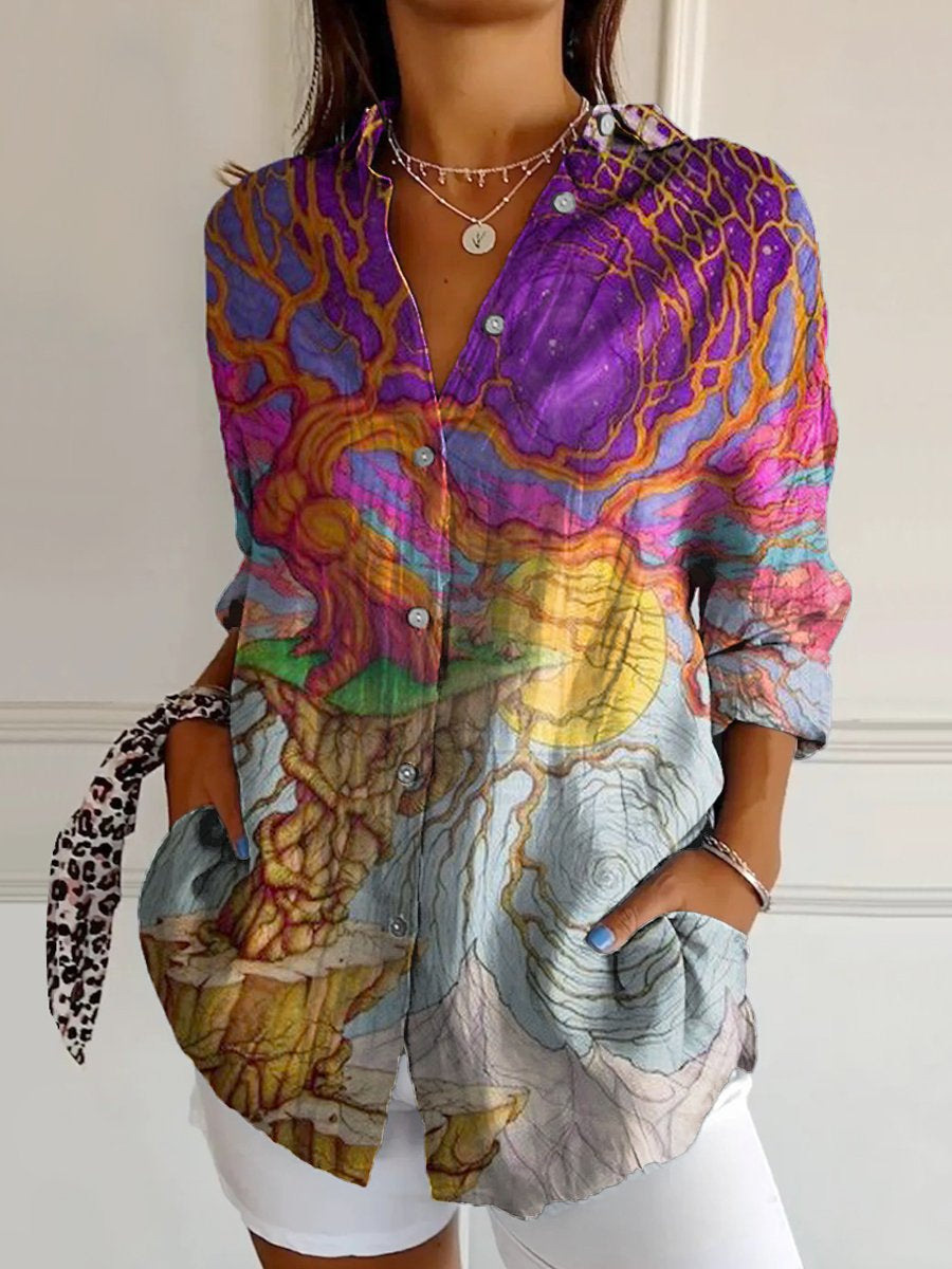 Bluse mit floralem Print und klassischem Hemdkragen aus Baumwolle und Leinen