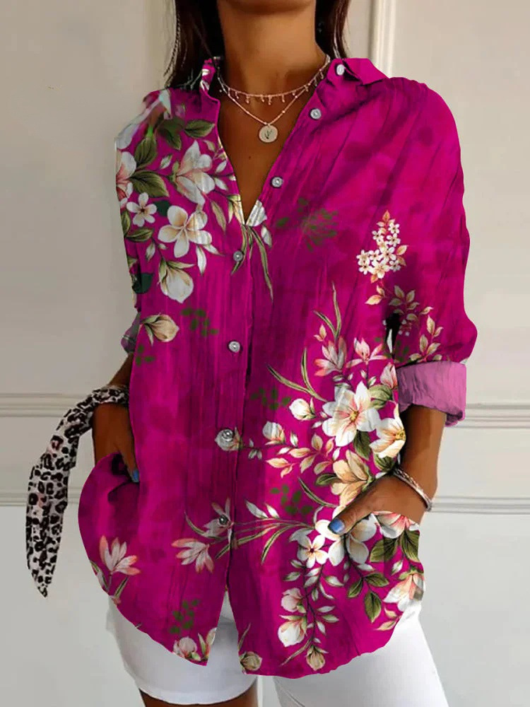 Bluse mit floralem Print und klassischem Hemdkragen aus Baumwolle und Leinen