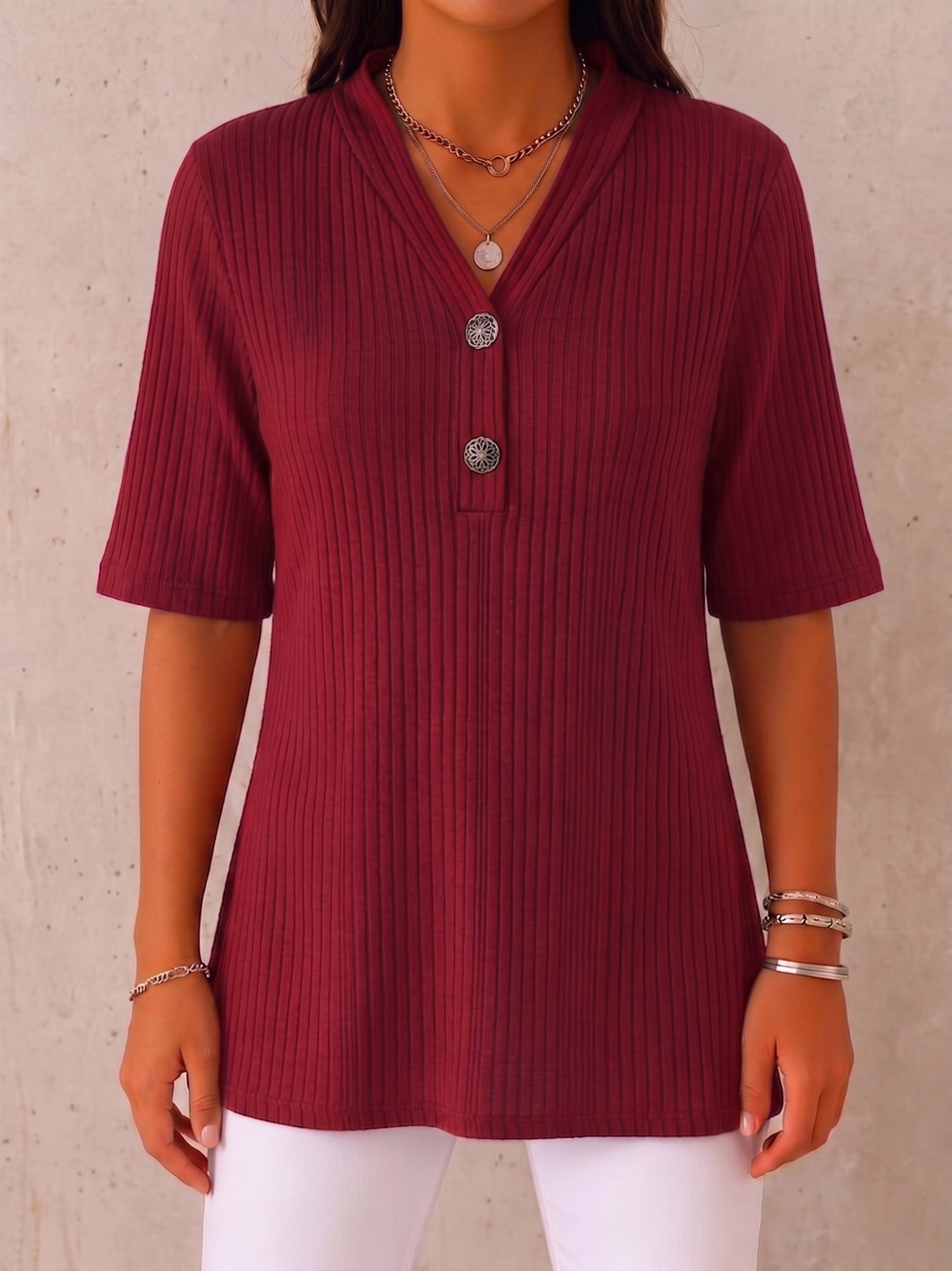CLEARANCE SALE🔥 Ribbed Button-Neck Tee