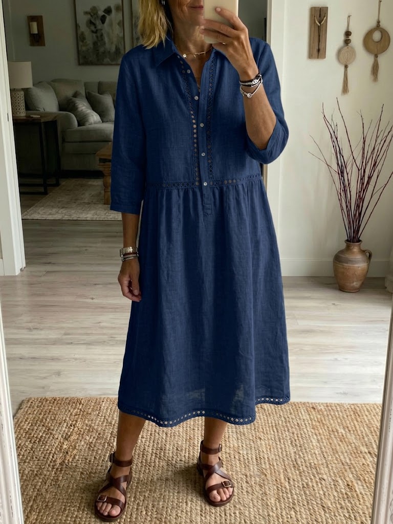 Lässiges Patchwork-Kleid aus Leinen und Baumwolle mit durchbrochenem Bandmuster
