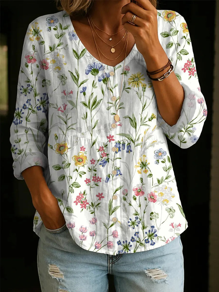 Women's Retro Flower Art Print Linen Cotton Shirt-ZierMode