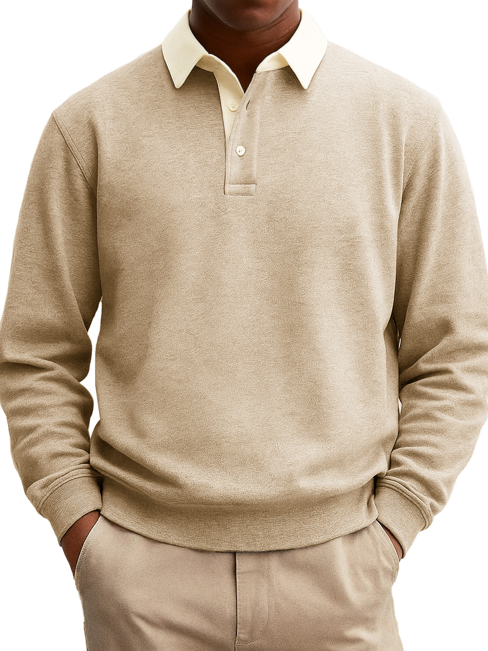 Stilvolles, lässiges Poloshirt aus Baumwolle mit langen Ärmeln und Revers für Herren mit Patchwork-Kragen-ZierMode