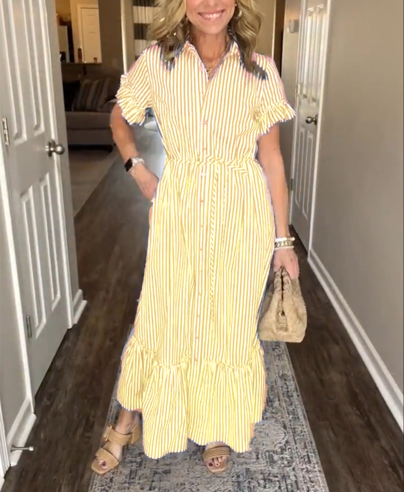 NEW🔥Striped Cotton Lapel Button Shirt Dress