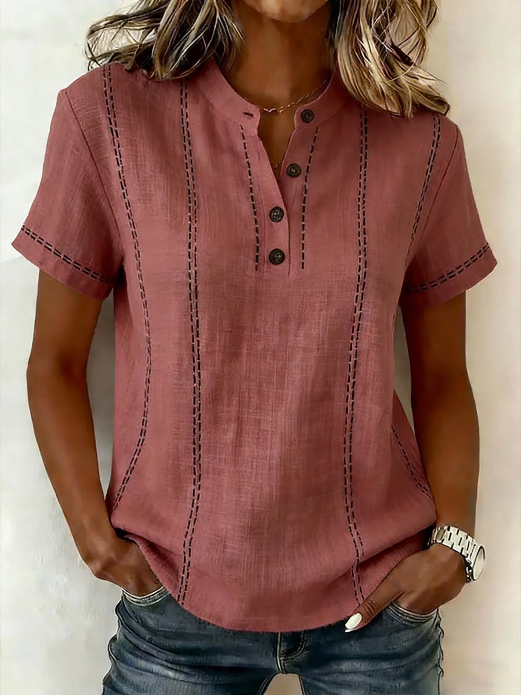 Women's V-neck Short-sleeve Casual Loose Cotton-linen Top