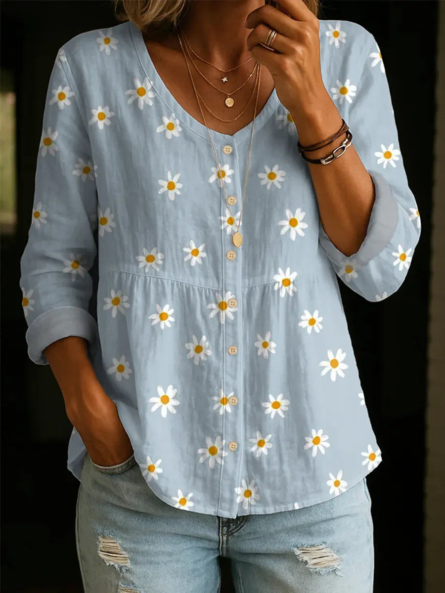 Women's Retro Flower Art Print Linen Cotton Shirt-ZierMode