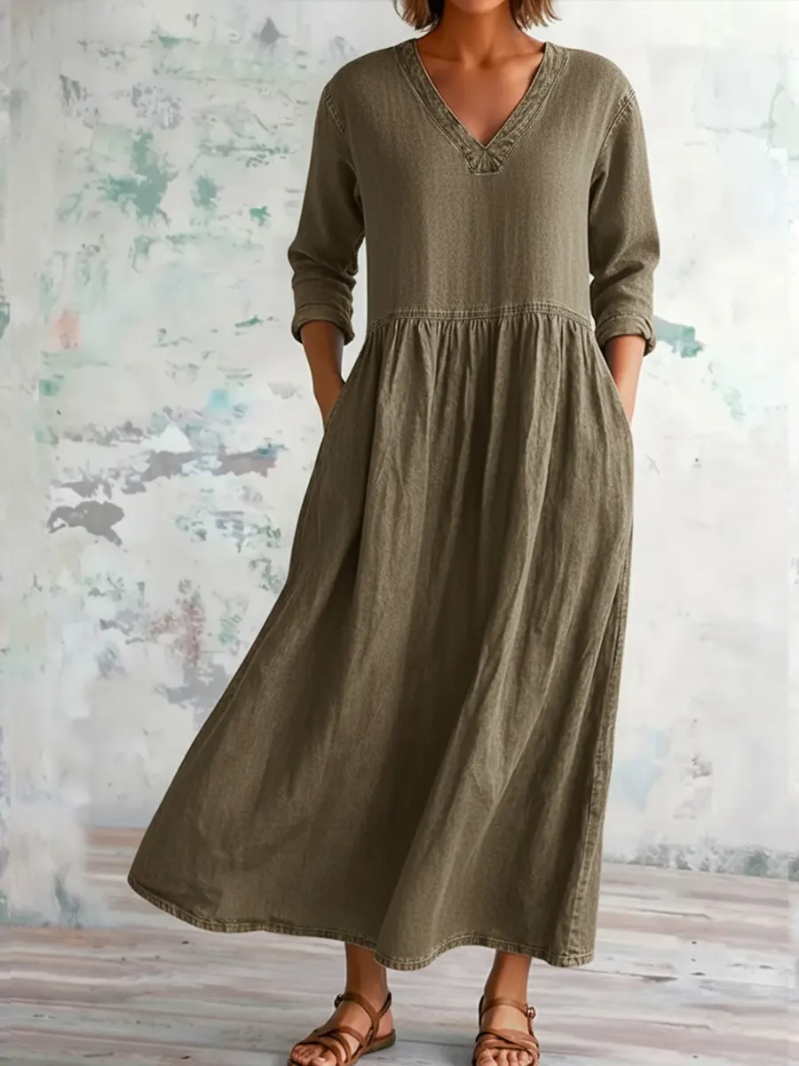 Lässiges Damen-Denim-Baumwollkleid mit V-Ausschnitt