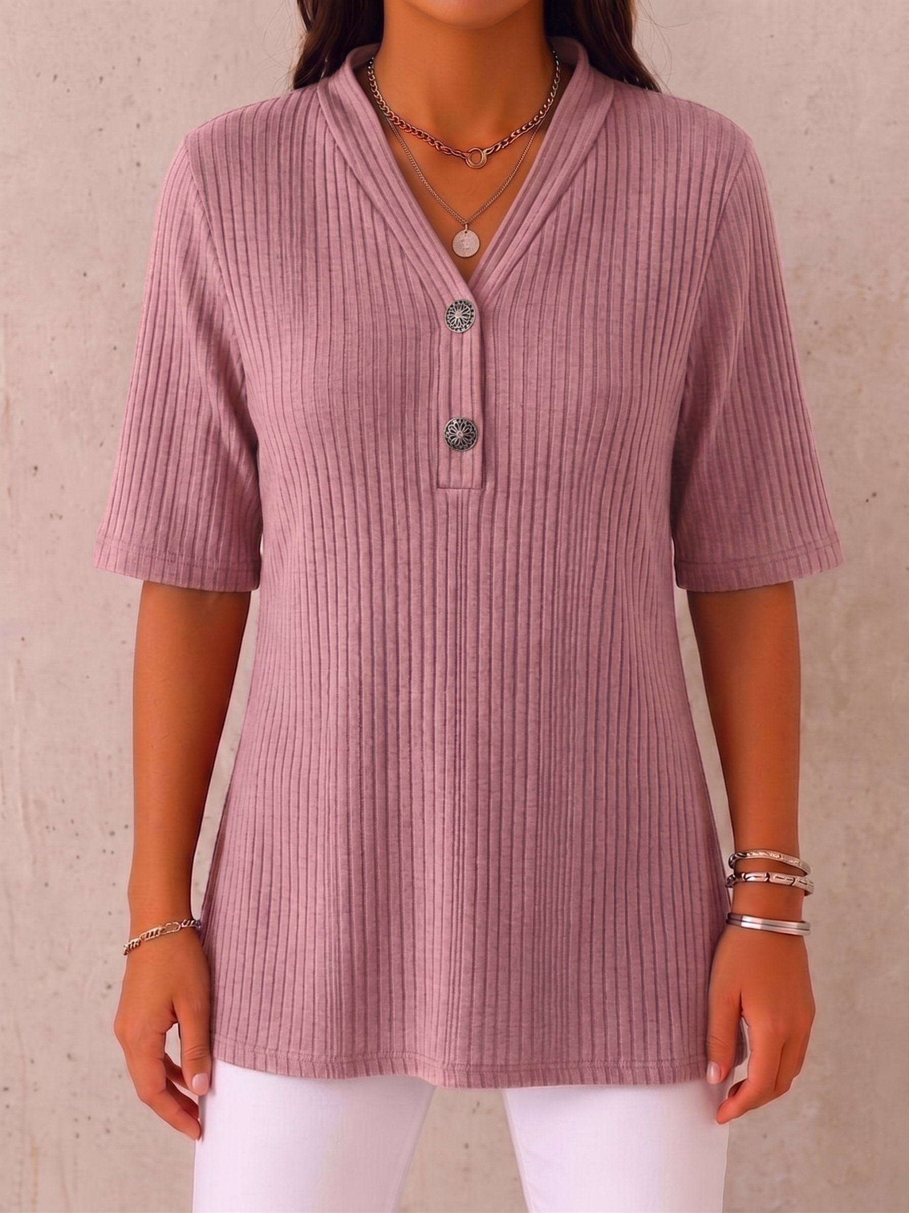 CLEARANCE SALE🔥 Ribbed Button-Neck Tee