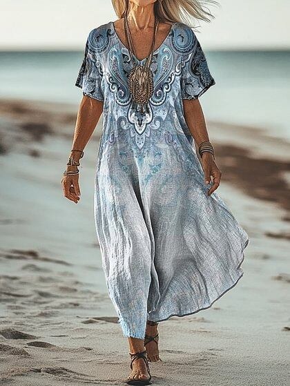 Women's Short Sleeve Spring Floral Print V Neck Casual Dress