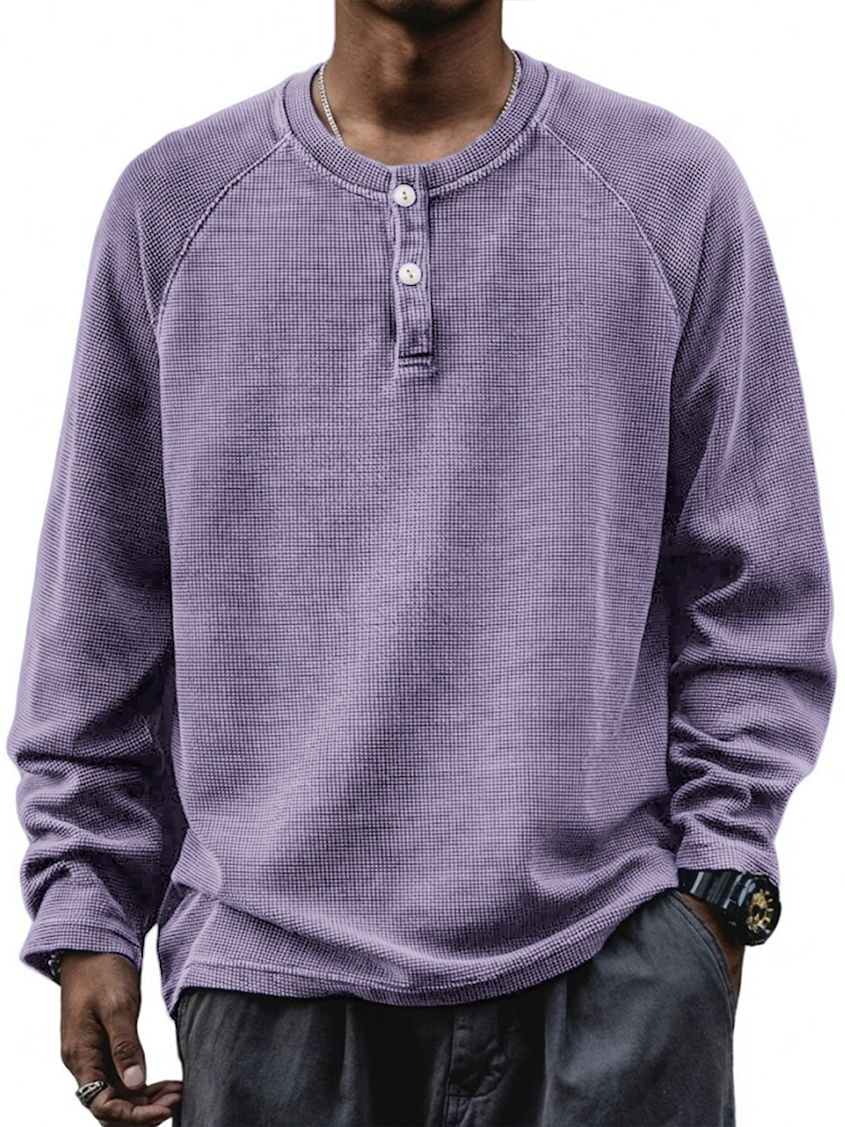 Herren Retro Waffel Raglan Lockere Pullover Langarm Henley Shirt-deurabatt