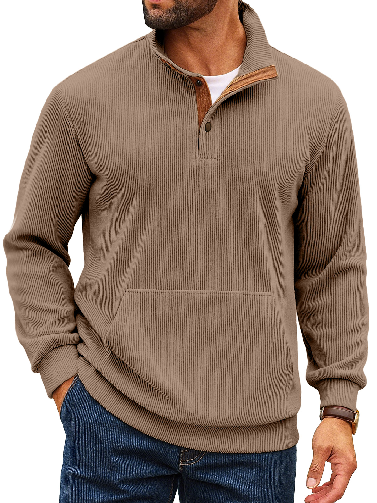Herren Retro Einfarbiger Vertikaler Pit Streifen Stehkragen Knopf Langarm Sweatshirt-deurabatt