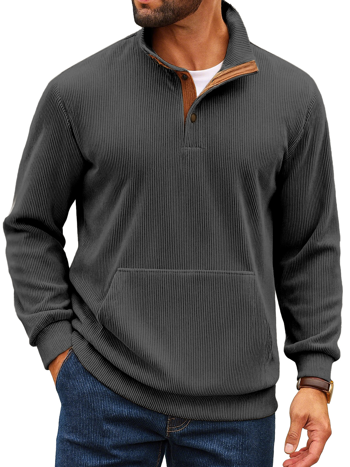Herren Retro Einfarbiger Vertikaler Pit Streifen Stehkragen Knopf Langarm Sweatshirt-deurabatt