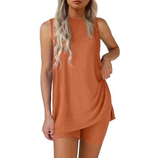 Sleeveless Crewneck Women's 2 Piece Sets Summer Matching Lounge Shorts Set Resort Airport Travel Outfit Split Hem Casual Clothes Basic Fitted Homewear-ZierMode