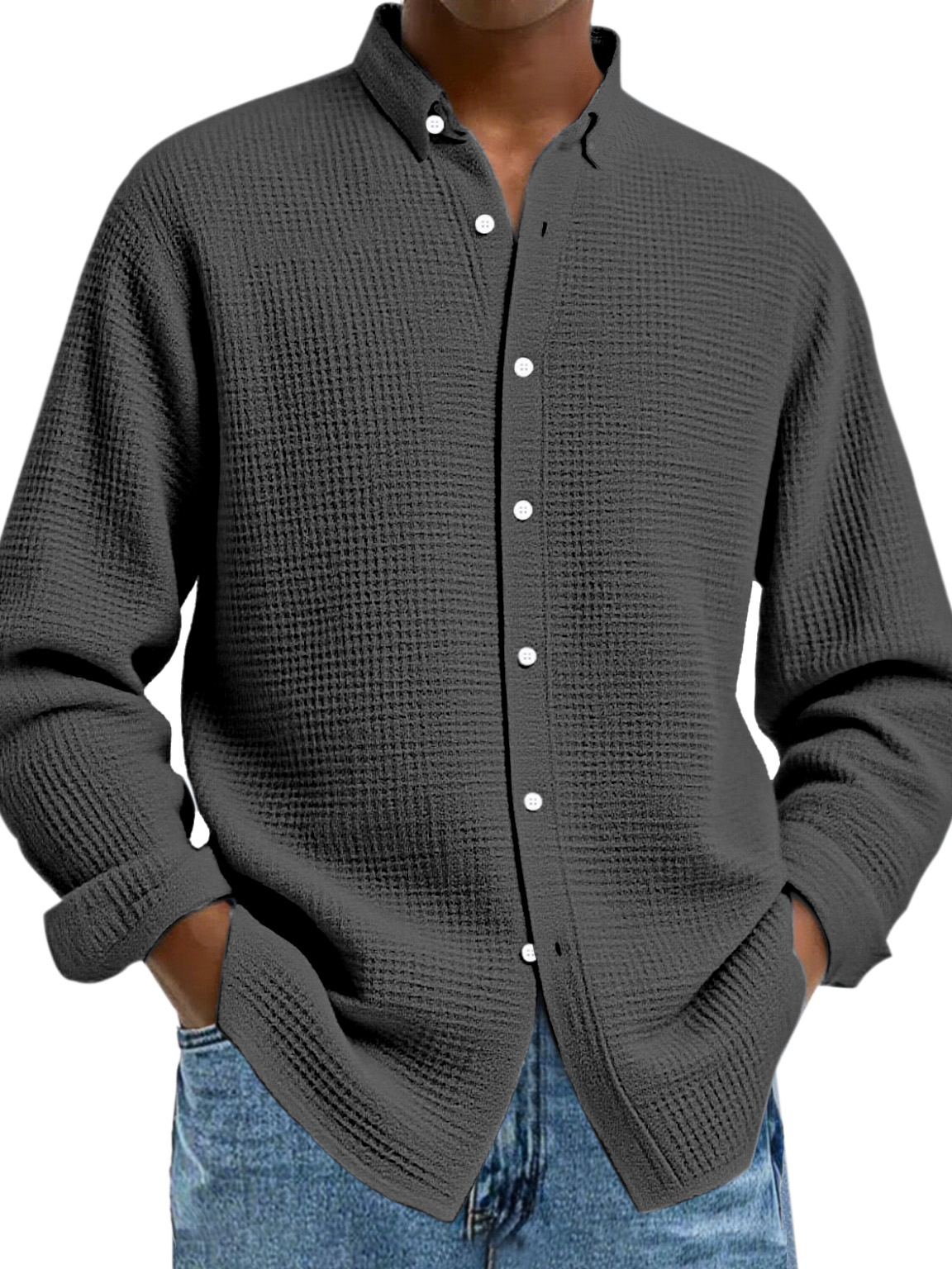 Herren Freizeit Einfarbige Waffel Knopf Langarmshirt-deurabatt