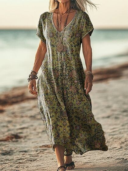 Women's Short Sleeve Spring Floral Print V Neck Casual Dress