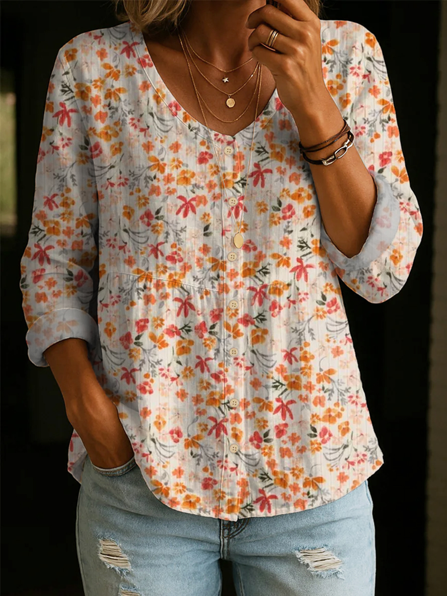 Forest-style Fresh & Dainty: Front-buttoned Babydoll Top In Textured Cotton-linen With Floral Print