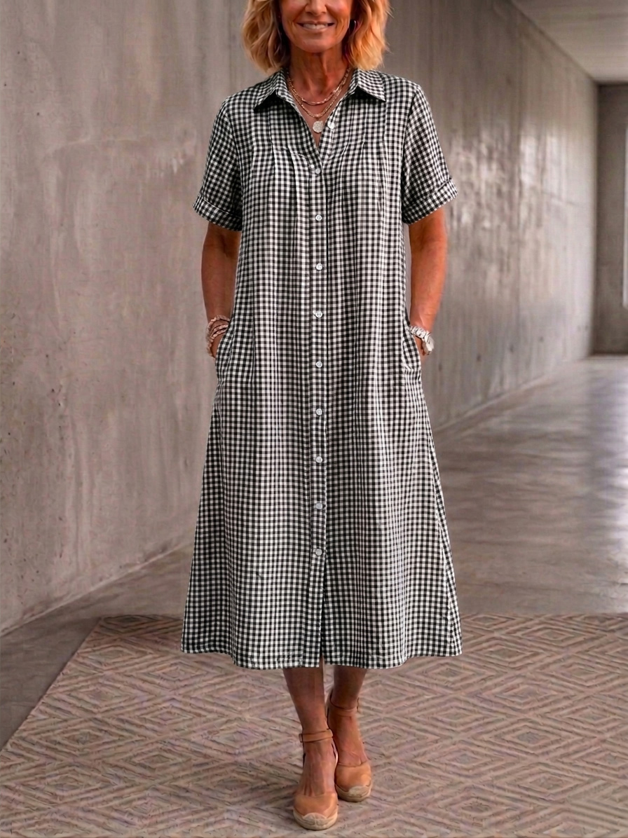 Clearacne Sale🔥 Women's Lapel Checkered Cotton Linen Shirt Dress