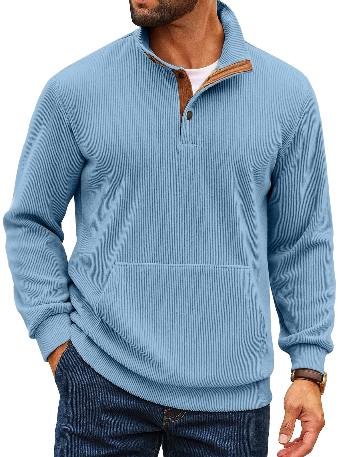 Herren Retro Einfarbiger Vertikaler Pit Streifen Stehkragen Knopf Langarm Sweatshirt-deurabatt