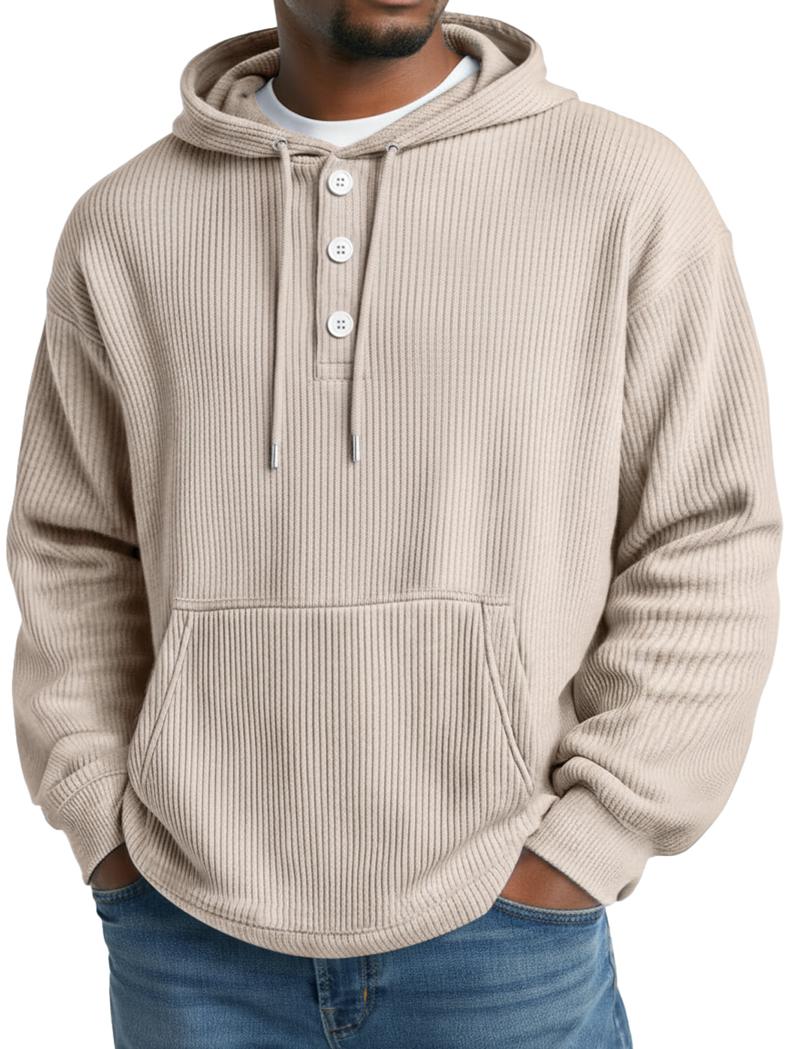 Herren Freizeit gestreifter Knopf einfarbiger Kapuzenpullover-deurabatt