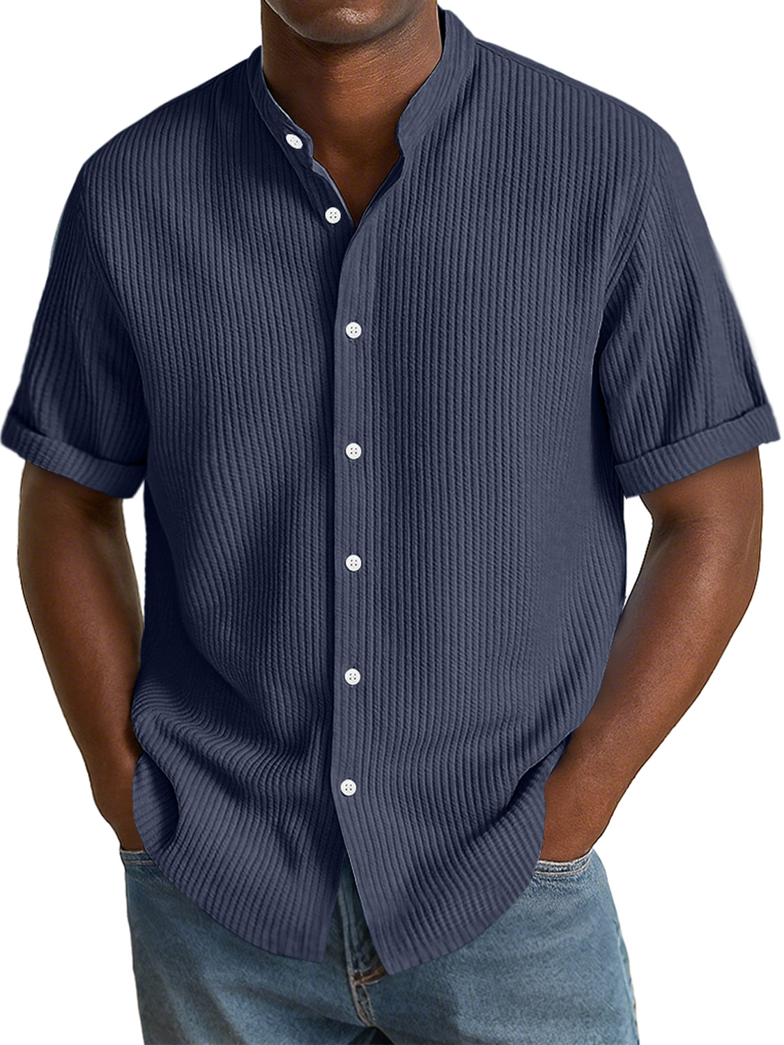 Herren Daily Texture Stoff Freizeit Stehkragen Einfarbig Kurzarmhemd-deurabatt