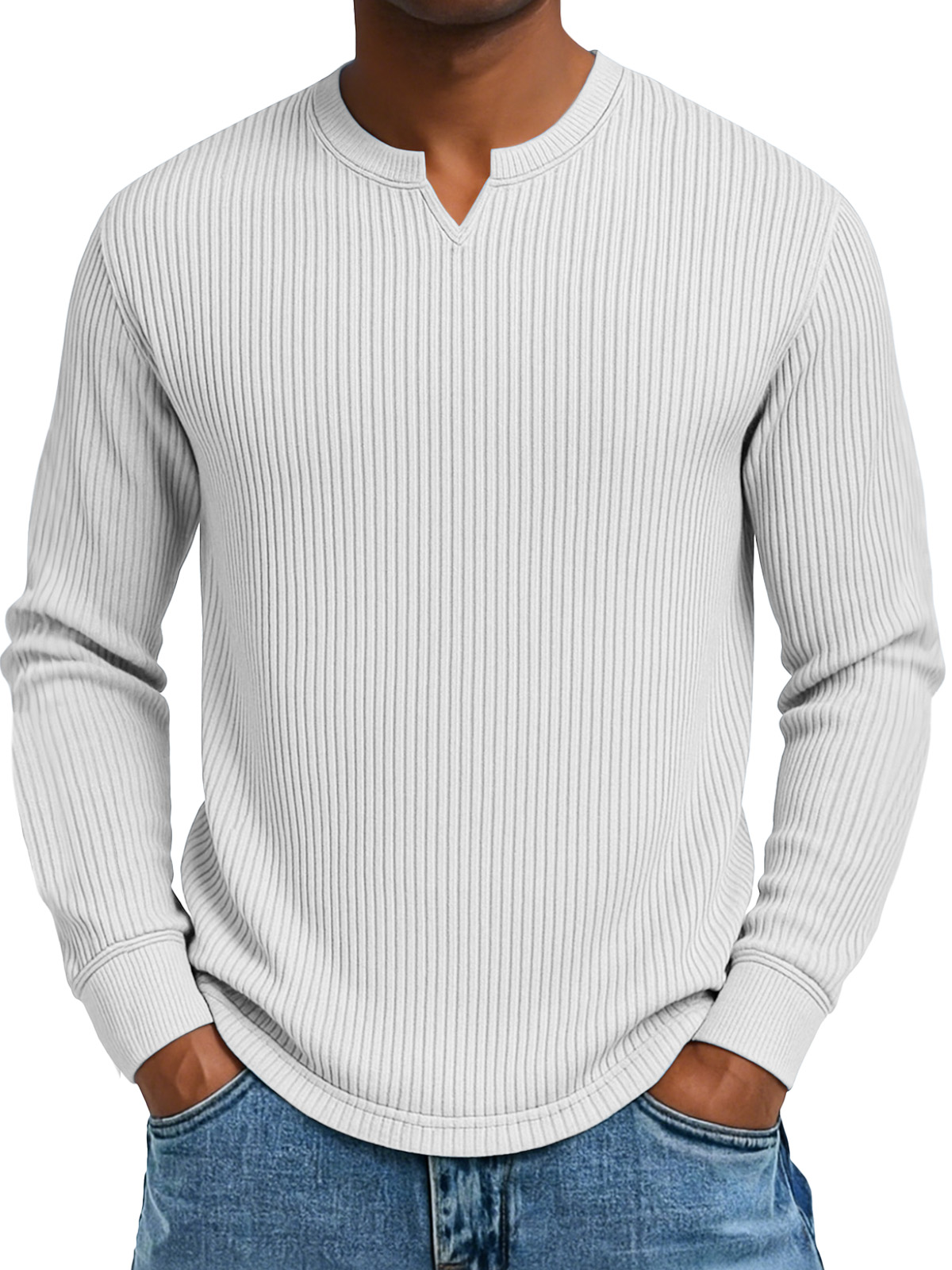 Herren Freizeit Einfarbig Vertikal Pit Kleiner V-Ausschnitt Langarm T-Shirt-deurabatt