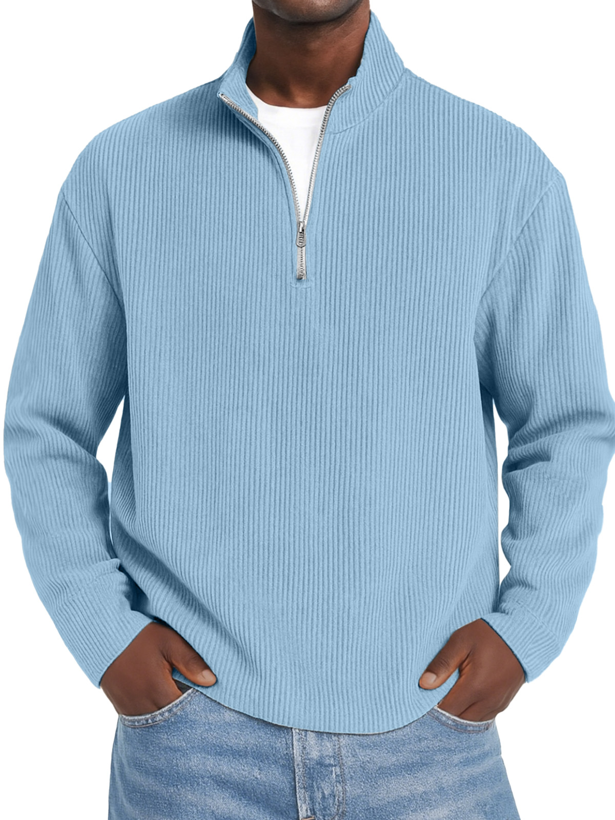 Herren Daily Einfarbiger Vertikaler Reißverschluss Langarm Polo-Shirt-deurabatt