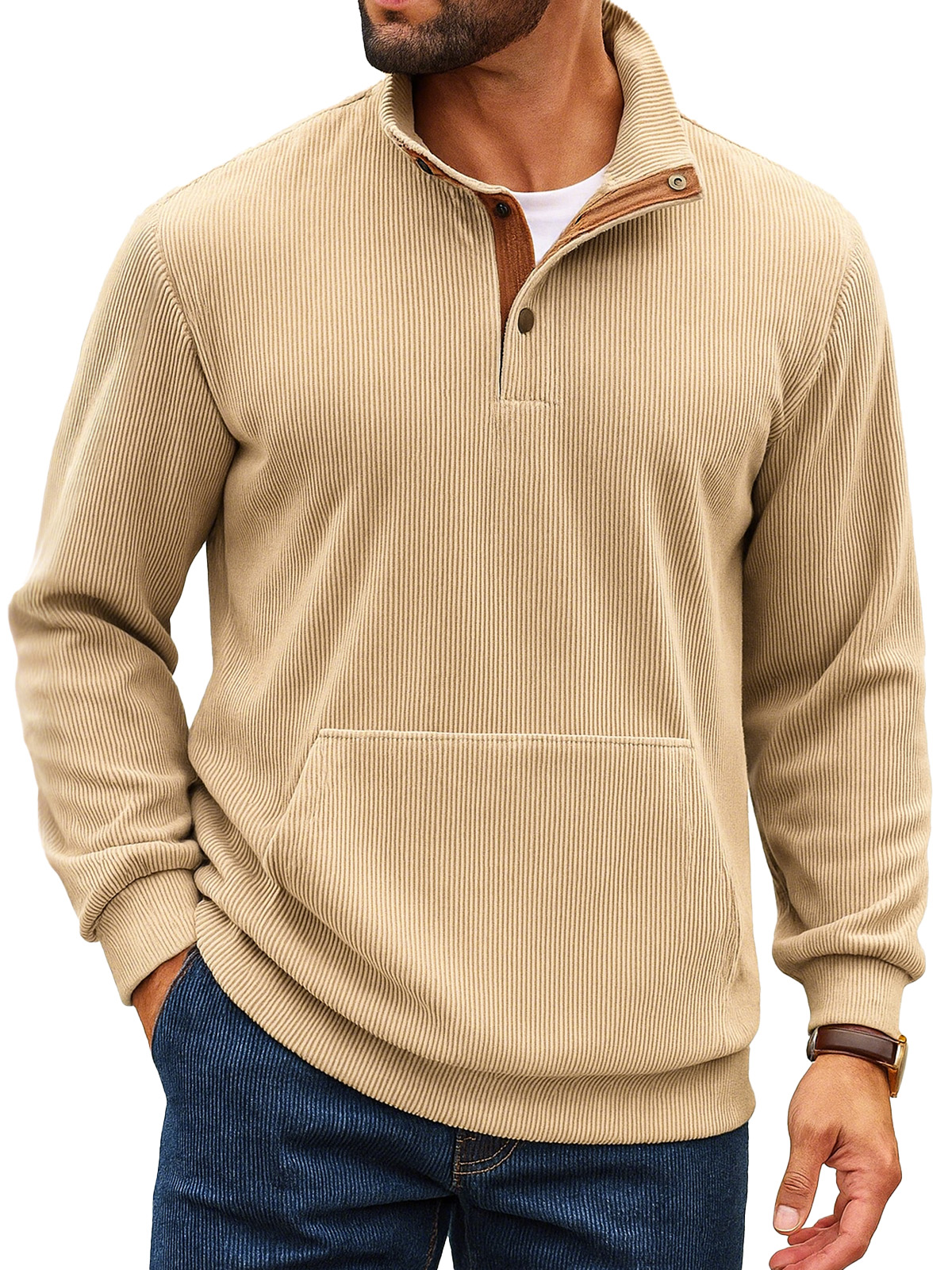 Herren Retro Einfarbiger Vertikaler Pit Streifen Stehkragen Knopf Langarm Sweatshirt-deurabatt