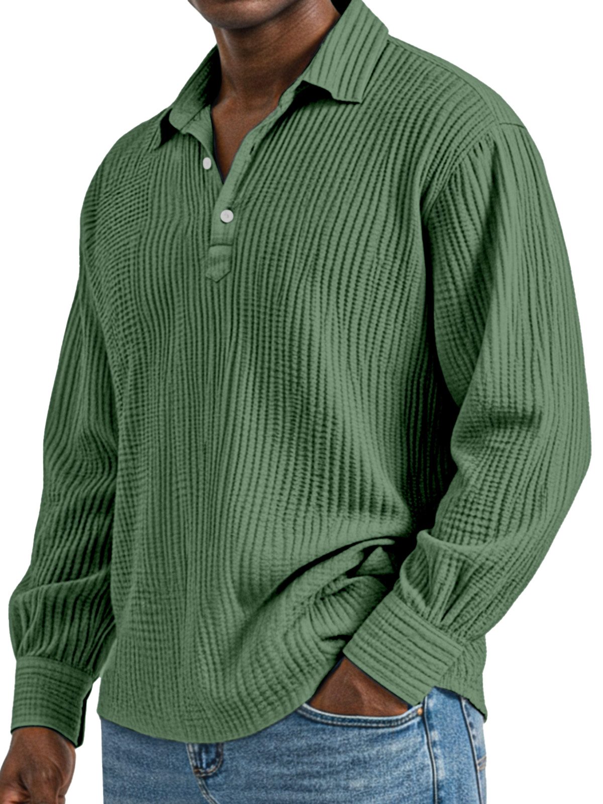 Herren Tägliches Einfaches Einfarbiges Plissee Langarm Poloshirt mit Revers-deurabatt