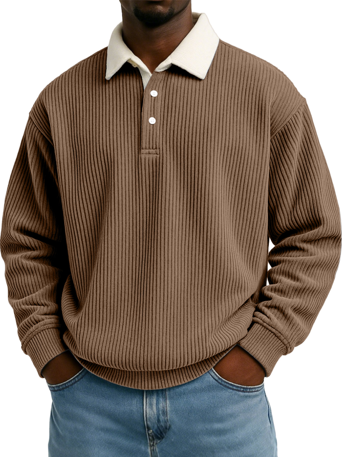 Herren Sweatshirt mit einfarbigem vertikalem Streifenmuster und kontrastierender Farbe, langärmlig, mit Revers-ZierMode