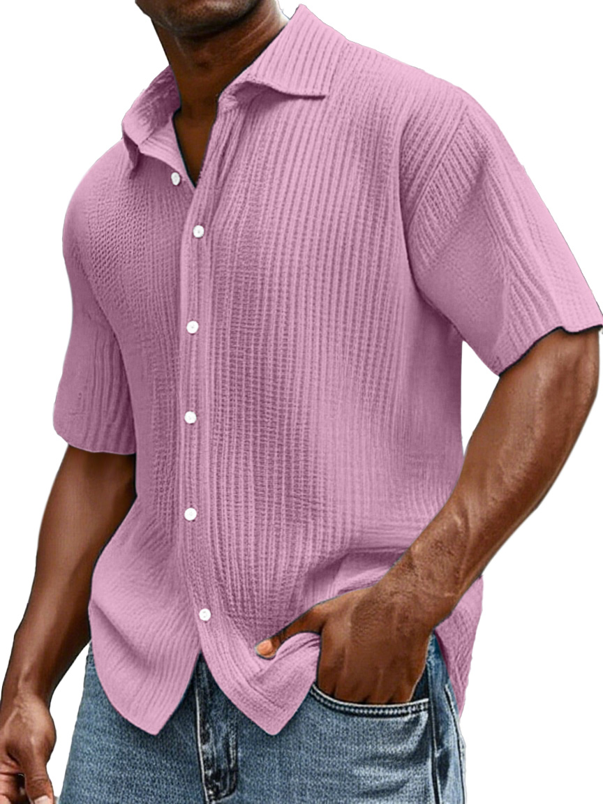 Herren Tägliches Lässiges Lockere Bequemes Baumwoll Rüschentextur Revers Kurzarm Knopfs Hemd-ZierMode