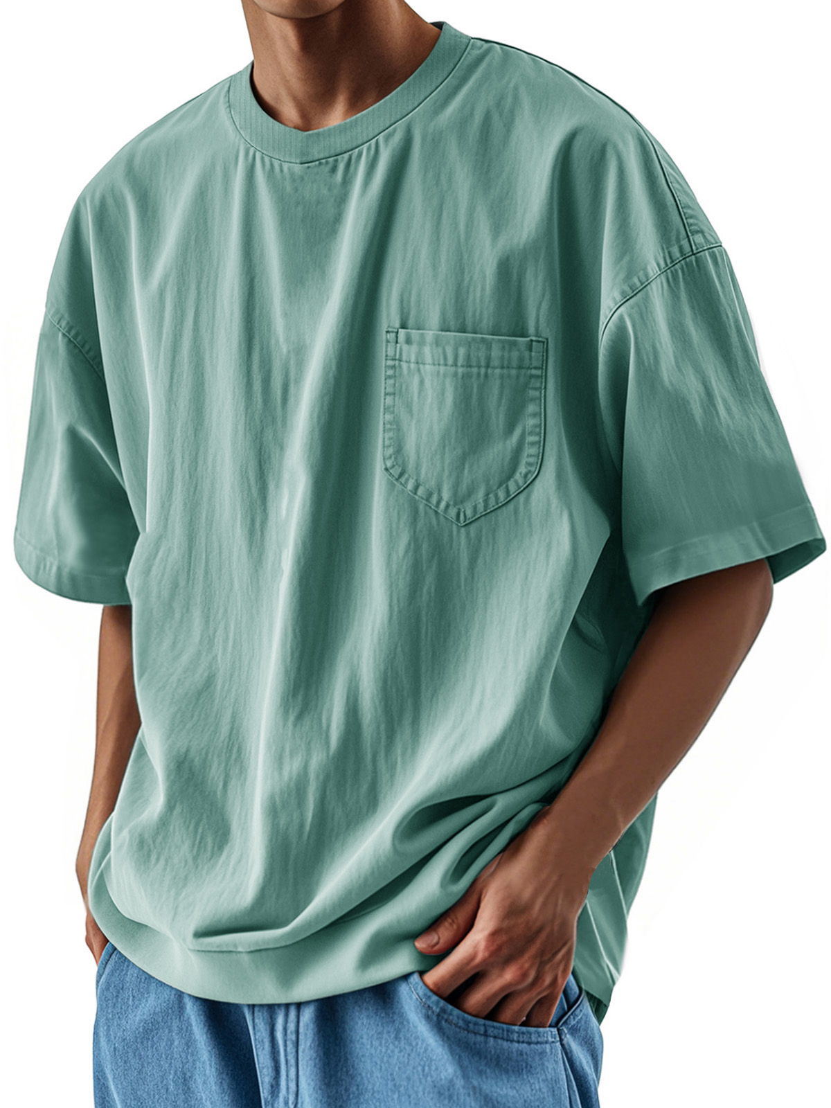 Herrenmode Lässiges Retro-Shirt Rundhals Tasche Kurzarm T-deurabatt