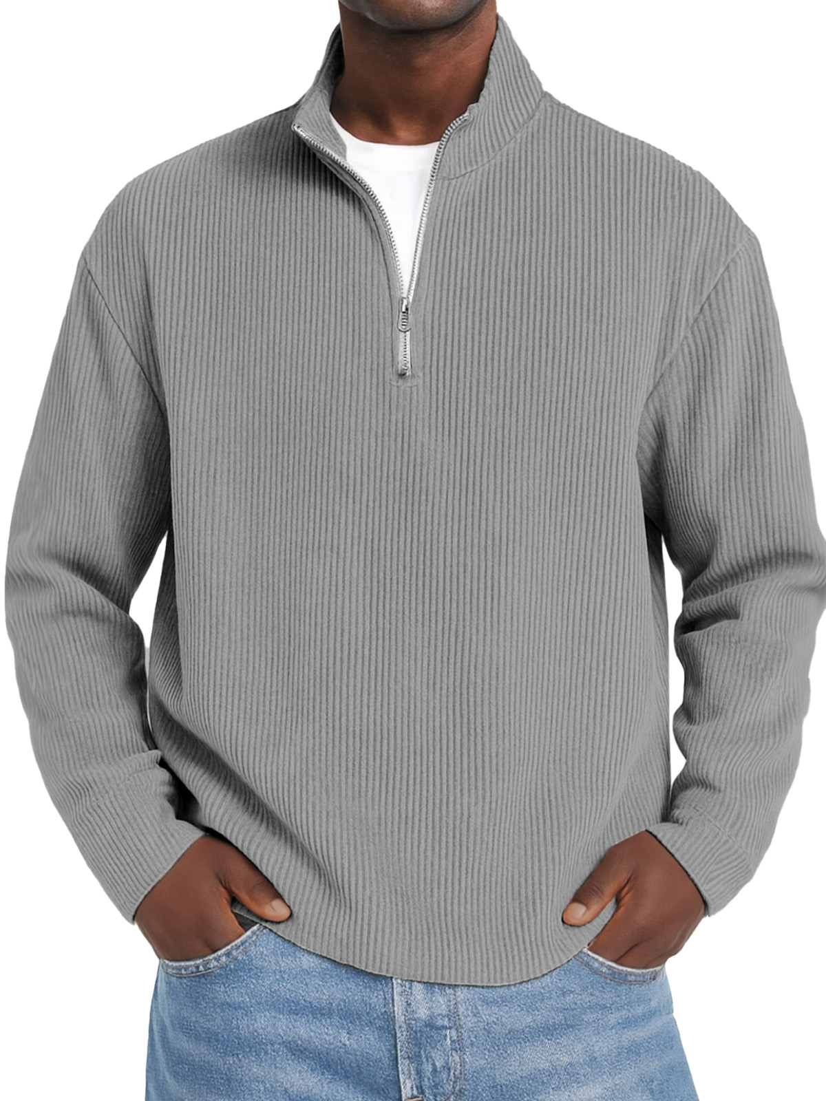 Herren Daily Einfarbiger Vertikaler Reißverschluss Langarm Polo-Shirt-deurabatt