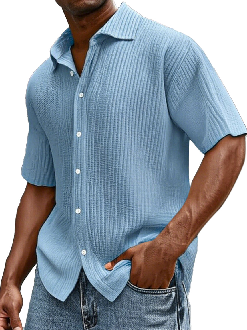 Herren Tägliches Lässiges Lockere Bequemes Baumwoll Rüschentextur Revers Kurzarm Knopfs Hemd-ZierMode
