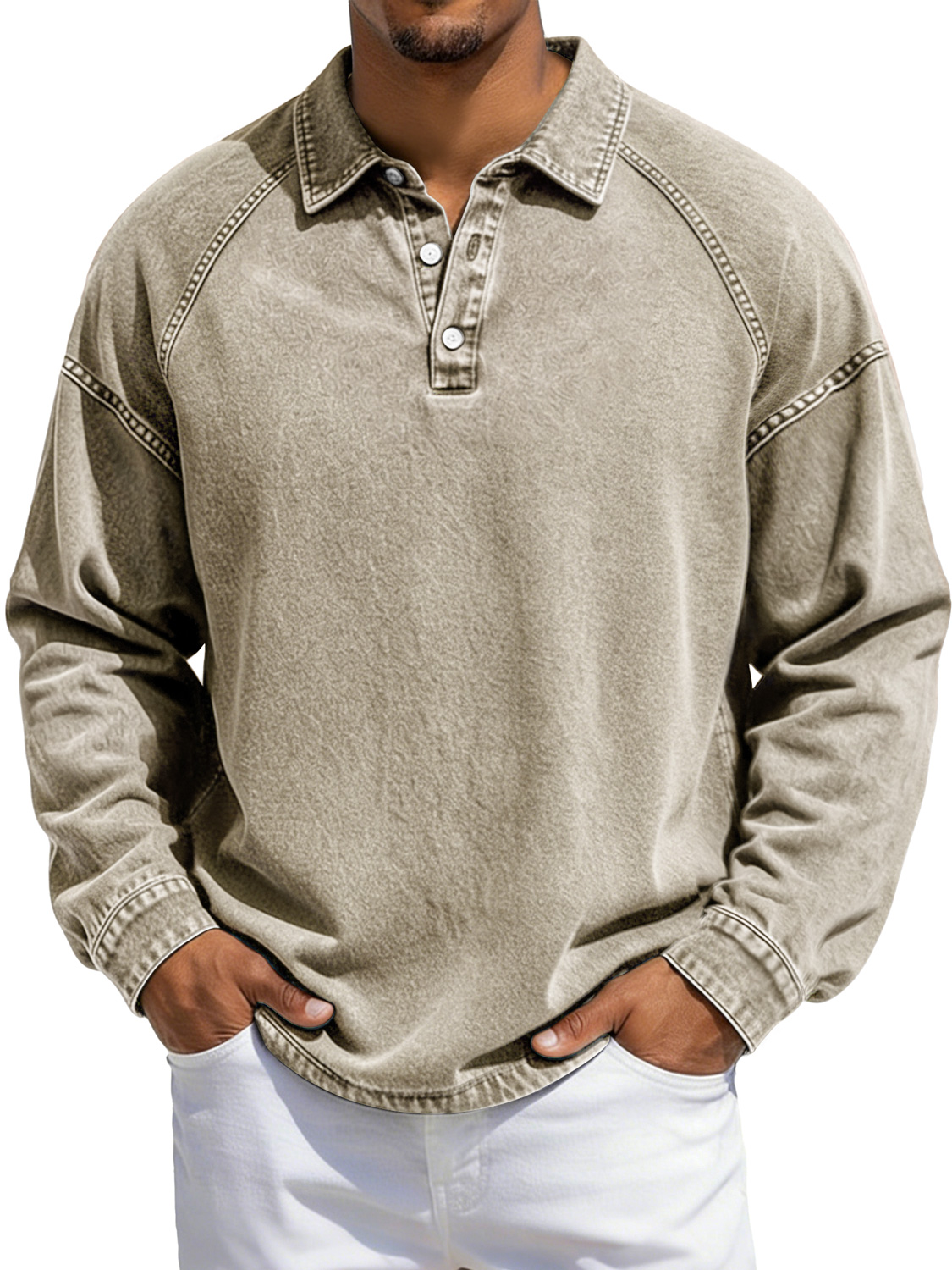 Herren Vintage-Stil Revers Knopf-auf Raglan Ärmel Freizeit Langarm Polo-Shirt-deurabatt